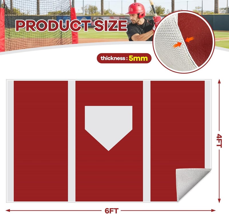 Wibeelee 6 x 4 ft Baseball Hitting Mat with Non-Slip Rubber Backing High-Visibility Printed Stripes Cushioned Surface Durable Indoor/Outdoor Batting Mat Portable Batting Stance Practice Mat - Image 2